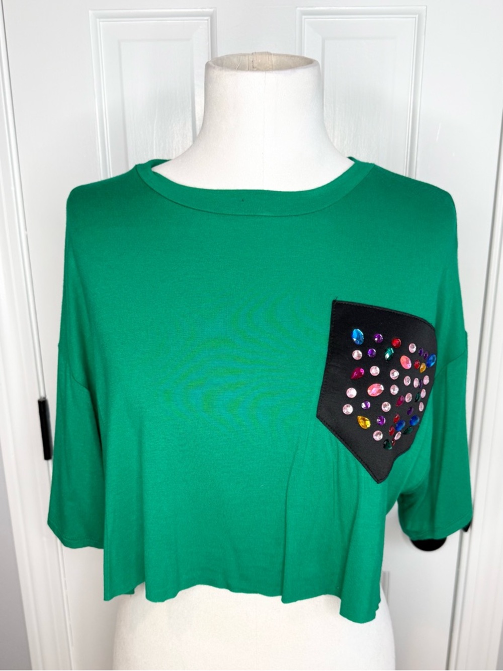TeenBell Green Cropped Top with Jeweled Black Pocket